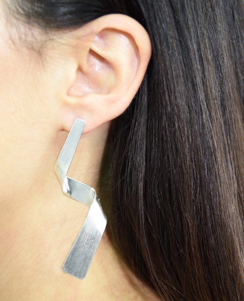 Long zigzag silver stud earrings