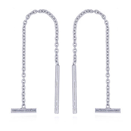 Sterling silver threader chain dainty T bar hanging earrings 50mm long