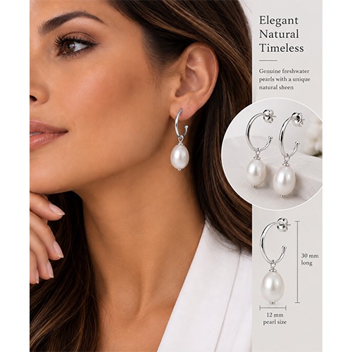 Sterling silver freshwater pearl white colour pretty women earrings 30mm long - Image 2