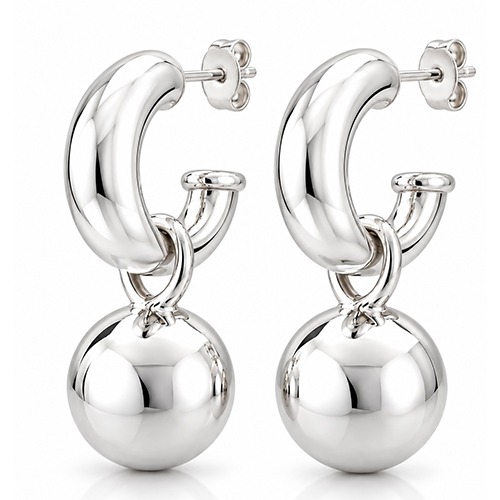 Sterling silver bulky hoop ball pretty women earrings 14mm, 16mm or 20mm ball size
