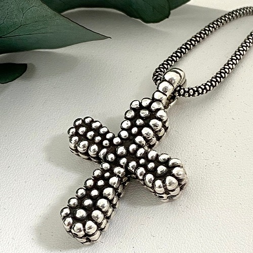 Sterling silver bulky ball pattern cross pendant 50mm long