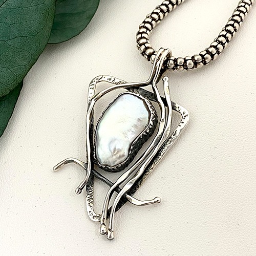 Sterling silver ocean flow Baroque Pearl pendant 60mm size