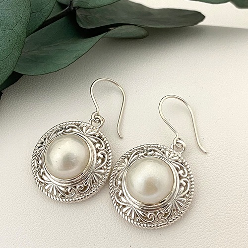 Sterling silver fillagree frame white mabe pearl hanging earrings 40mm long