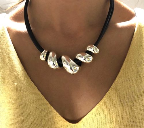 Sterling silver bold twist pendant on black rubber cord necklace