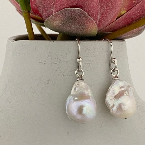 Sterling silver Baroque freshwater pearl hanging earrings 40mm long
