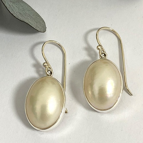 Sterling silver classic medium oval white mabe pearl hanging earrings