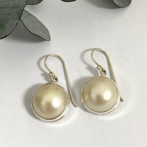 Sterling silver classic medium round white mabe pearl hanging earrings