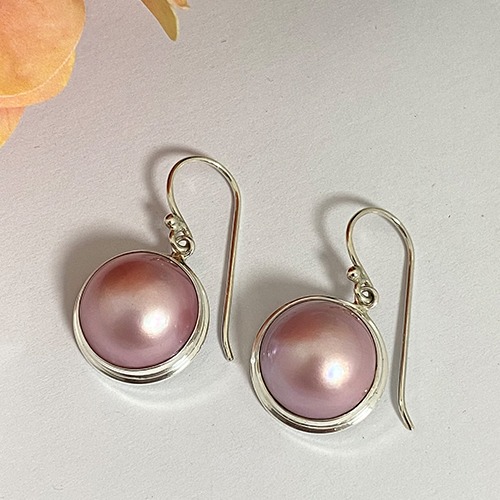 Sterling silver classic medium round pink mabe pearl hanging earrings