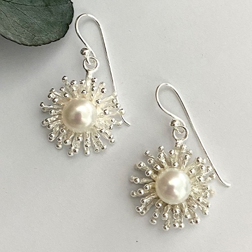 Sterling silver freshwater pearl flower design earrings 35mm long