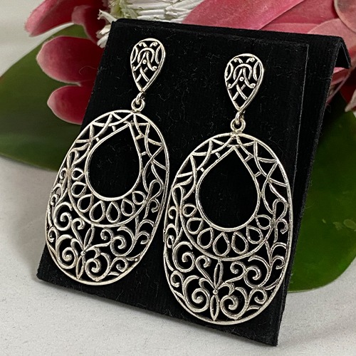 Sterling silver bold silver pattern oval stud earrings 60mm long