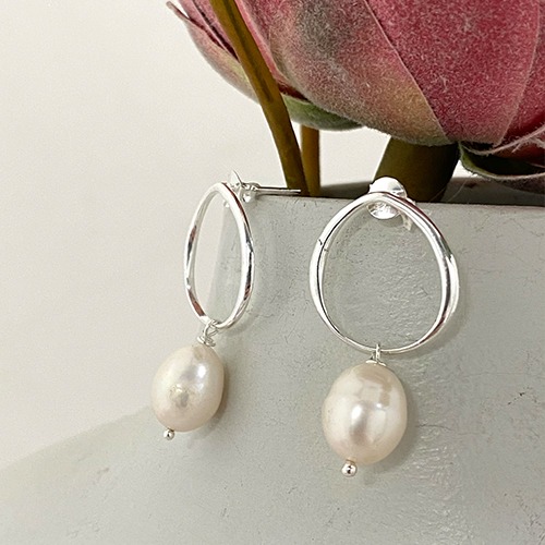 Sterling silver oval hanging stud freshwater pearl earrings 35mm long