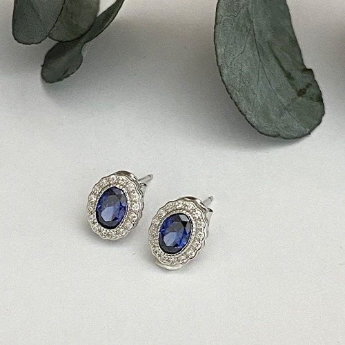 Sterling silver small blue tanzanite cubic zirconia oval stud earrings 10mm size
