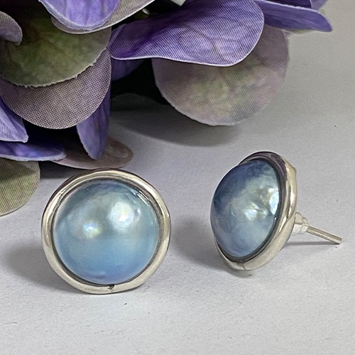 Sterling silver medium 14mm blue grey mabe pearl stud earrings