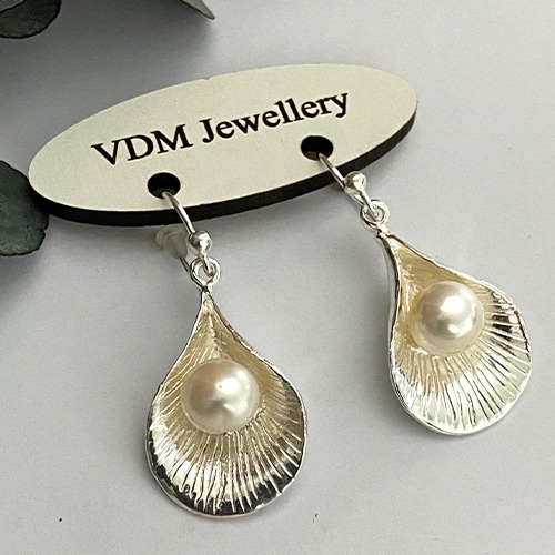 Sterling silver freshwater pearl shell shape earrings 40mm long