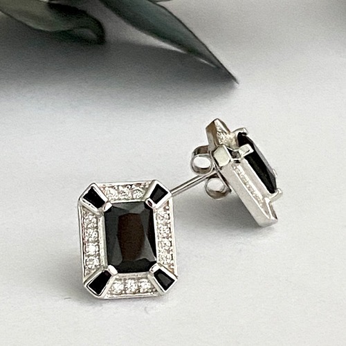 Sterling silver rectangular black cubic zirconia stud earrings 11mm size
