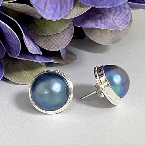Sterling silver medium 15mm classic blue mabe pearl stud earrings