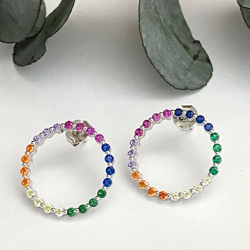 Sterling silver multicolour cubic zirconia round stud earrings 20mm size