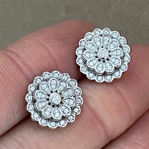 Sterling silver cubic zirconia flower stud earrings 14mm size