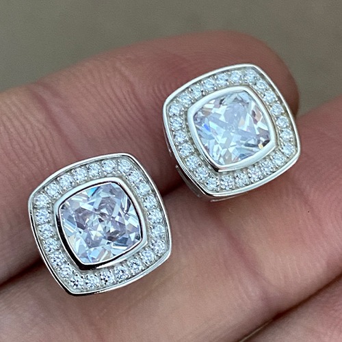 Sterling silver classic square cubic zirconia stud earrings 11mm size