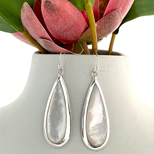 Sterling silver long teardrop shape mother of pearl hanging earrings 55mm long