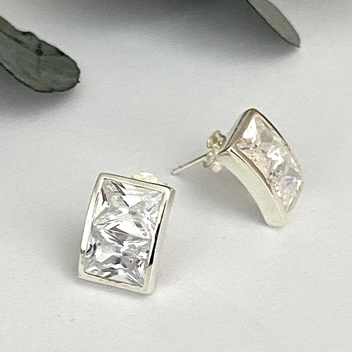 Sterling silver rectangular cubic zirconia stud earrings 12mm size