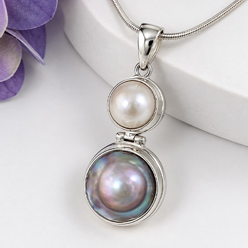 Sterling silver round blister pearl with white mabe pearl dangle pendant 55mm long