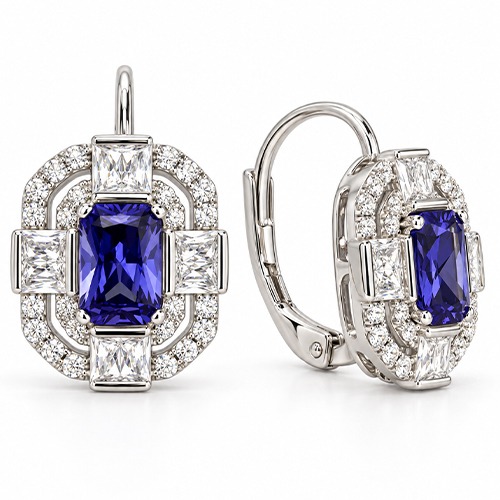 Sterling silver tanzanite blue cubic zirconia rectangular earrings 20mm size