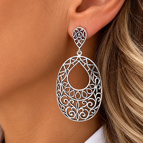 Sterling silver bold silver pattern oval stud earrings 60mm long - Image 2