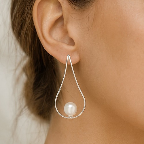 Sterling silver floating freshwater pearl teardrop design earrings 40mm long