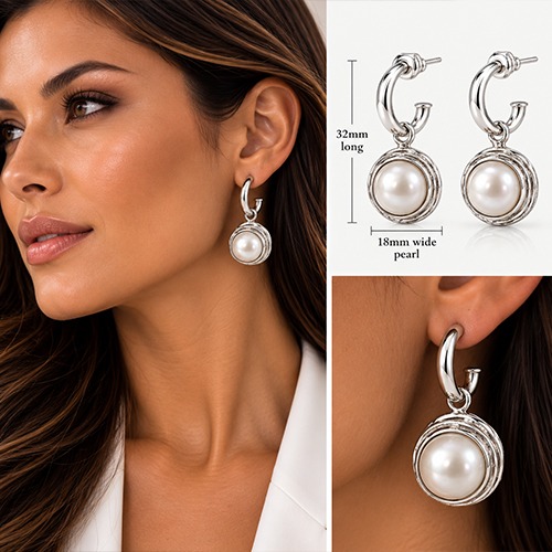 Sterling silver textured frame design mabe pearl pretty women earrings 32mm long - Image 3