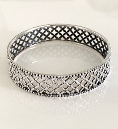 Solid sterling silver flower of life pattern bangle 15mm wide