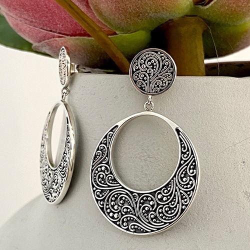 Sterling silver round fillagree hanging stud earrings 40mm size