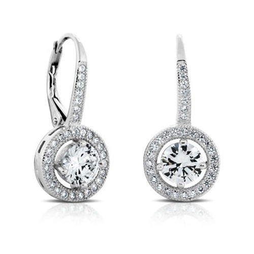 Sterling silver classic round cubic zirconia dainty hanging earrings 15mm size