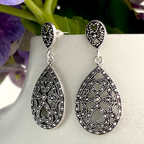 Sterling silver long oval shape drop silver pattern earrings 45mm long