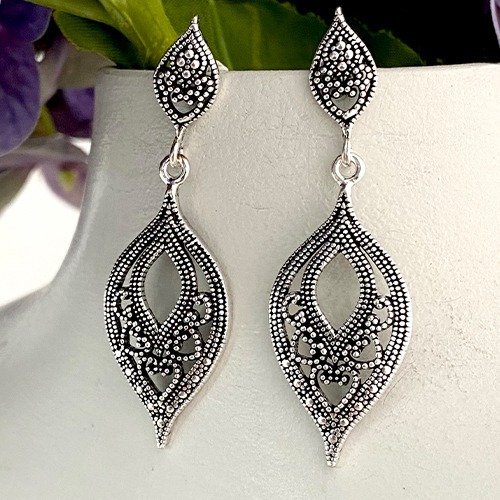 Sterling silver long drop intricate pattern earrings 50mm long