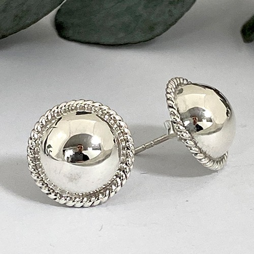 Sterling silver medium dome ball stud earrings with rope frame 15mm or 19mm size