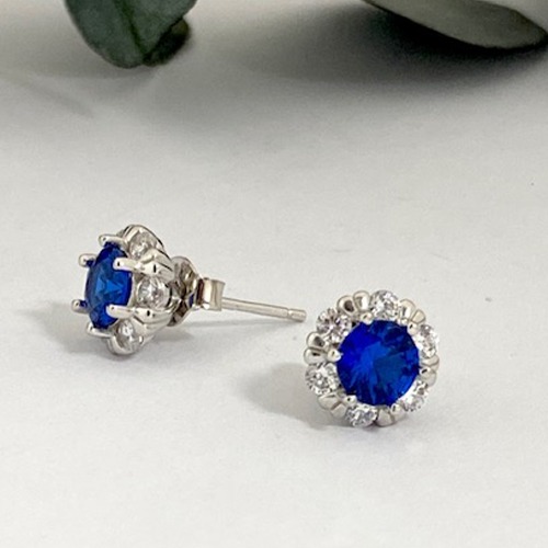 Sterling silver classic round blue tanzanite cubic zirconia stud earrings 10mm size