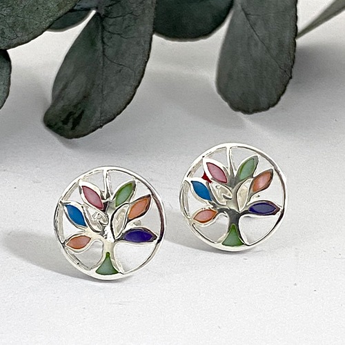 Sterling silver multicolour mother of pearl tree of life stud earrings 14mm size