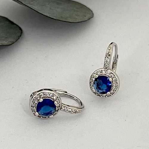Sterling silver tanzanite blue classic round cubic zirconia dainty hanging earrings 15mm size