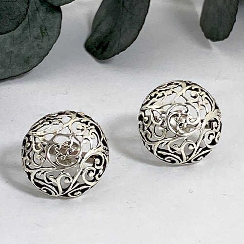 Sterling silver fillagree pattern dome stud earrings 16mm size