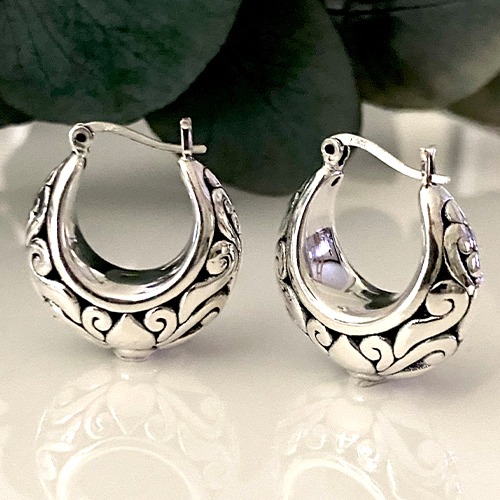 Sterling silver medium bulky fillagree clip hoop earrings 30mm size