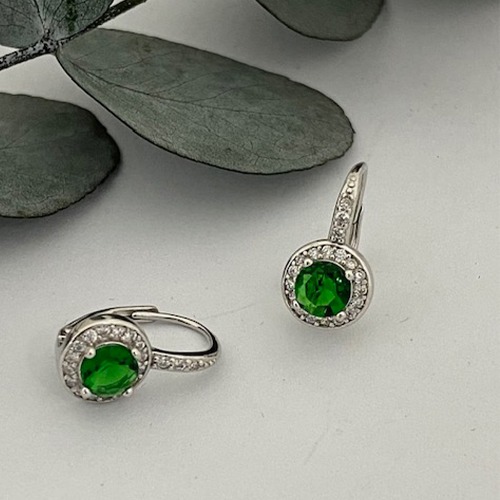 Sterling silver emerald classic round cubic zirconia dainty hanging earrings 15mm size