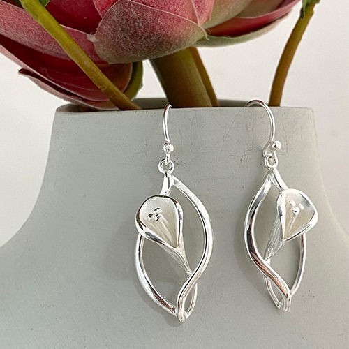 Sterling silver lily flower hanging earrings 40mm long
