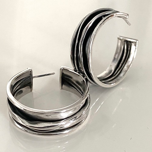 Sterling silver medium oxidized stud hoop earrings 30mm size
