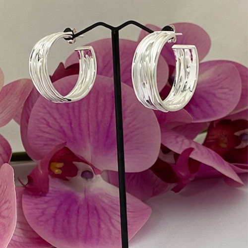 Sterling silver medium textured stud hoop earrings 30mm size