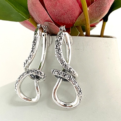 Sterling silver unique textured twist hoop earrings 50mm long