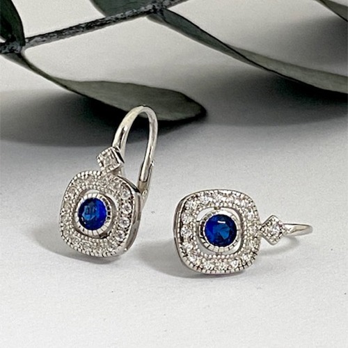Sterling silver square design blue tanzanite cubic zirconia hanging earrings 15mm size