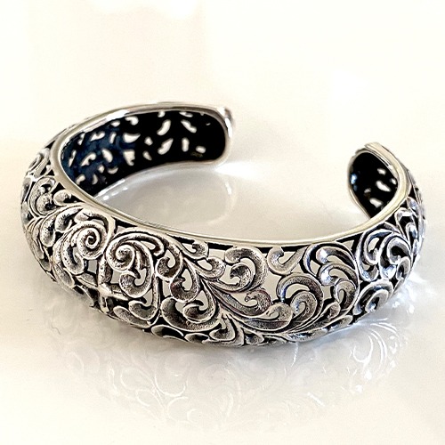 Sterling silver solid fillagree antique pattern cuff bangle 18mm wide