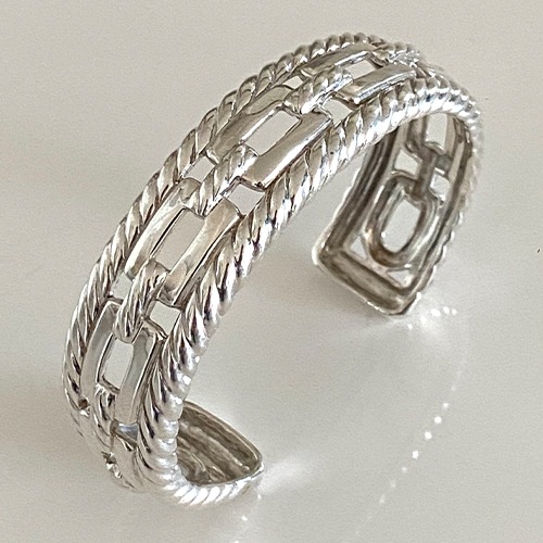 Sterling silver squares and rope design solid cuff bangle