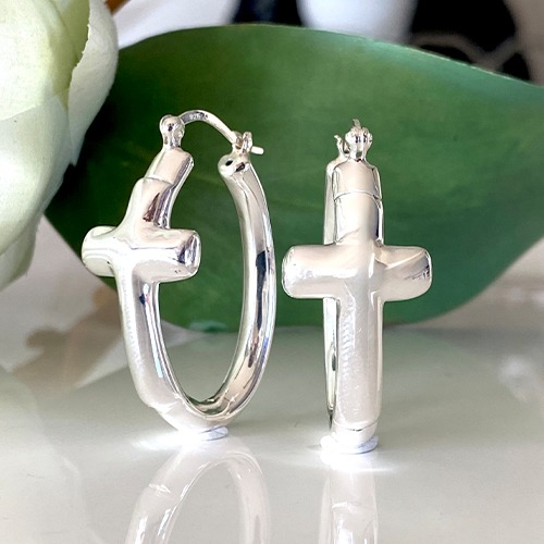 Sterling silver oval cross hoop earrings 35mm size